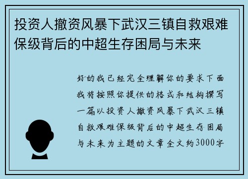 投资人撤资风暴下武汉三镇自救艰难保级背后的中超生存困局与未来